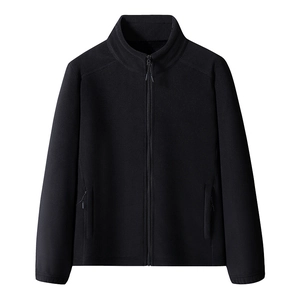 Men's black fleece jacket with standing collar and zipper pockets for winter warmth