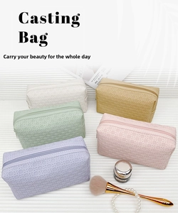 Detail of five colorful woven cosmetic bags with top zippers for travel organization