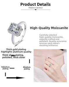 Macro detail of cushion cut moissanite ring with halo setting and pavé silver band