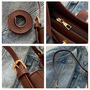 Detailed view of brown PU leather bag with golden hardware and adjustable slim strap