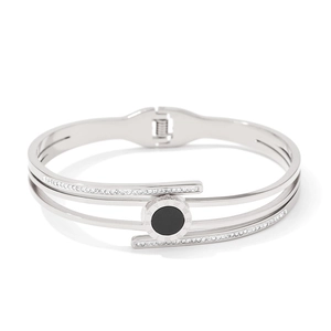 Silver stainless steel layered cuff bracelet with Roman numerals and black enamel