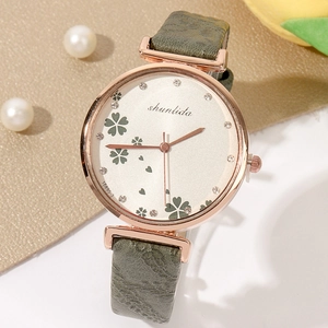 Women Quartz Watch Fashion Retro PU Leather Strap Alloy Case Rhinestone Clover Dial Analog Wristwatch For Ladies