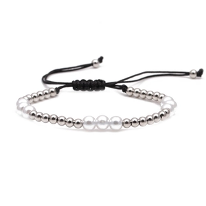 Adjustable woven bracelet with 4mm silver copper beads and 6mm white faux pearls