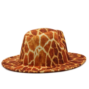 Detail of 3D leopard print fedora hat showing texture of giraffe pattern jazz felt cap