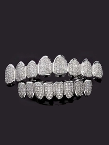 Hip hop silver grillz set with micro-paved cubic zirconia stones and shiny plating