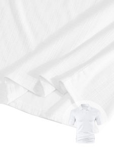 Detail showing high-quality vertical stripe texture on a white men's polo shirt fabric