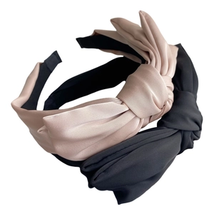 Elegant satin bow headband set in champagne and black for high crown hair styling