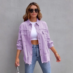 Lavender purple frayed denim jacket with distressed details and turn-down collar
