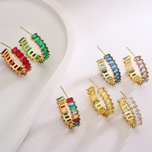18K gold-plated C-shaped earrings with colorful rectangular zirconia crystals