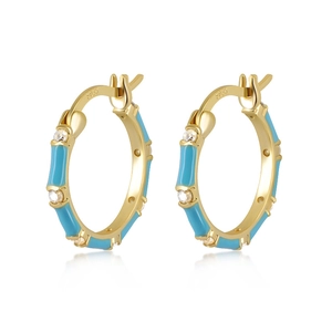 Macro view of blue enamel bamboo earrings with sparkling zircons and S925 hallmark