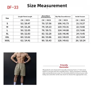 Detailed size chart for men's casual shorts with measurements in CM and INCH units