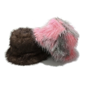 Women Faux Fur Bucket Hat Warm Shaggy Plush Winter Basin Hat With Silver Satin Glitter Mixed Color Windproof Outdoor