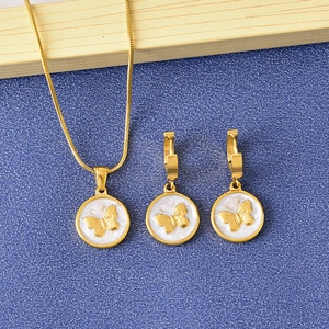 Stainless Steel 3D Butterfly Round Pendant Necklace Huggie Earrings Jewelry Set For Women Fashion Commuter Accessories