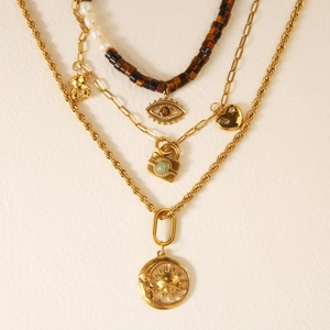 Mehrlagige 18K Gold Edelstahlkette mit Sonnen-Mond Anhänger und bösem Blick Perle