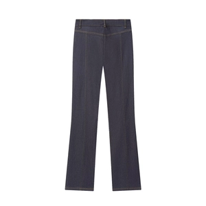 Slim fit dark blue denim jeans with high waist cut shown in high quality flat lay view