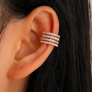 Multi Layer Ear Cuff Copper Inlaid Artificial Pearl Rhinestone Non Pierced Ear Bone Clip Elegant Ins Style Jewelry For Women