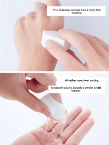 Macro view of white house-shaped hydrophilic sponge texture for dry and wet makeup application