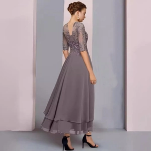 Elegant mauve grey lace and chiffon evening dress with half sleeves and a flowing A-line skirt