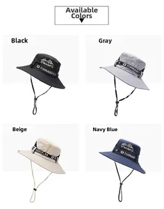 Griglia di quattro cappelli a secchiello da esterno colorati con sottogola regolabile e ricamo