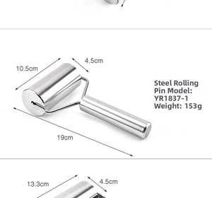 Detailed dimensions of stainless steel rolling pin with a 10.5cm roller and 19cm total length