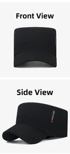 Detail view of black cotton canvas military flat top cap with side embroidery and stitching