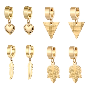 Golden stainless steel hoop earrings set with heart leaf and feather charms on white background