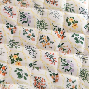 Macro shot of floral quilted fabric with detailed stitching on the storage bag