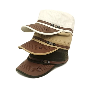Flat Top Military Cadet Hat Cotton Canvas PU Leather Brim Star Embroidery Adjustable Sun Protection Outdoor Cap Men Women