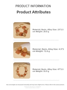 Detailed size chart for resin and gold alloy jewelry set including necklace and earrings