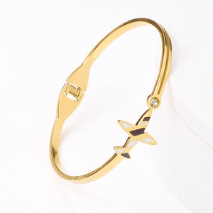 Bracelet avion en acier inoxydable plaqué or 18k avec breloque émaillée et zircon