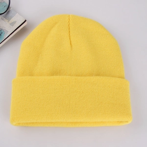 Classic bright yellow knitted beanie hat for men and women, warm autumn winter solid color