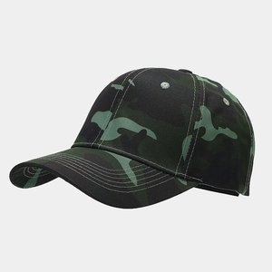 Macro shot of jungle camouflage baseball cap with six-panel structure and reinforced stitching