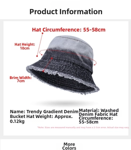Schema dettagliato con dimensioni e specifiche del cappello a secchiello in denim sfumato