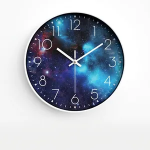 Modern starry night round wall clock with white frame and silent quartz movement