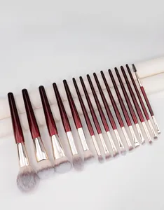 Detail of 15 professional makeup brushes with brown handles and soft gradient fiber bristles