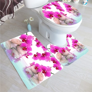 Three-piece bathroom mat set with pink orchid and pebble prints on soft fabric