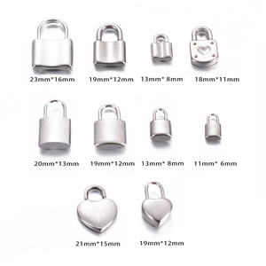 Stainless steel padlock pendants in square heart and round shapes with size measurements