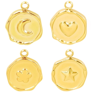 Irregular Round Pendant Stainless Steel Moon Heart Star Flower Motif Vintage Style DIY Jewelry Accessory Gold Plated