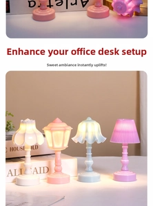 Close-up of mini lily of the valley night lamps in pastel colors for desk decoration