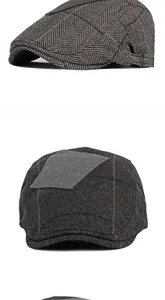 Detail of herringbone wool flat cap with vintage metal buckle and multi-angle views