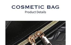 Detail of premium black quilted leather cosmetic bag featuring smooth gold dual zippers
