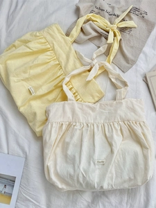 Chic Korean style ruffled canvas tote bags in yellow and cream white with bow straps