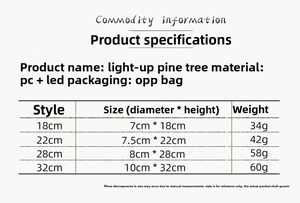 Size chart for glowing cedar Christmas tree decorations with dimensions and weights