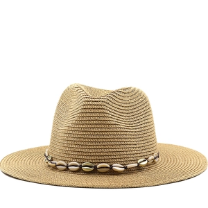 Fedora Straw Sun Hat With Shell Decoration Band Wide Brim Breathable Summer Beach Outdoor Bohemian Style Women
