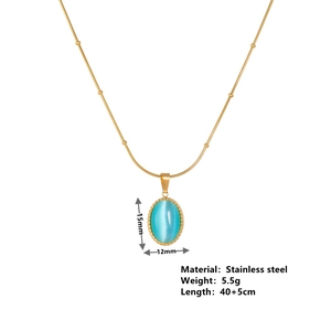 18k gold plated stainless steel necklace with blue oval stone pendant and beads