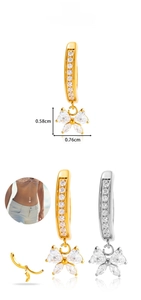 Detailed view of titanium bow belly ring with heart zircon and product dimensions