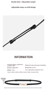 Detail of slim genuine leather waist belt with adjustable buckle for women dresses