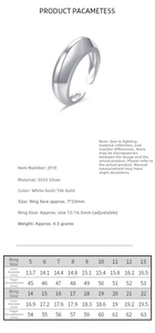 Size chart for 925 sterling silver ring showing inner diameter and finger circumference