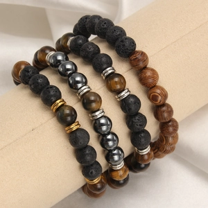 Pulsera de Cuentas de Ojo de Tigre Amarillo y Piedra de Lava Negra Vintage Con Espaciadores de Metal Joyería de Moda Para Hombre Mujer