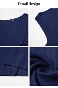 Détail du haut en lin bleu marine avec col en V, lacets et texture de tissu tissé